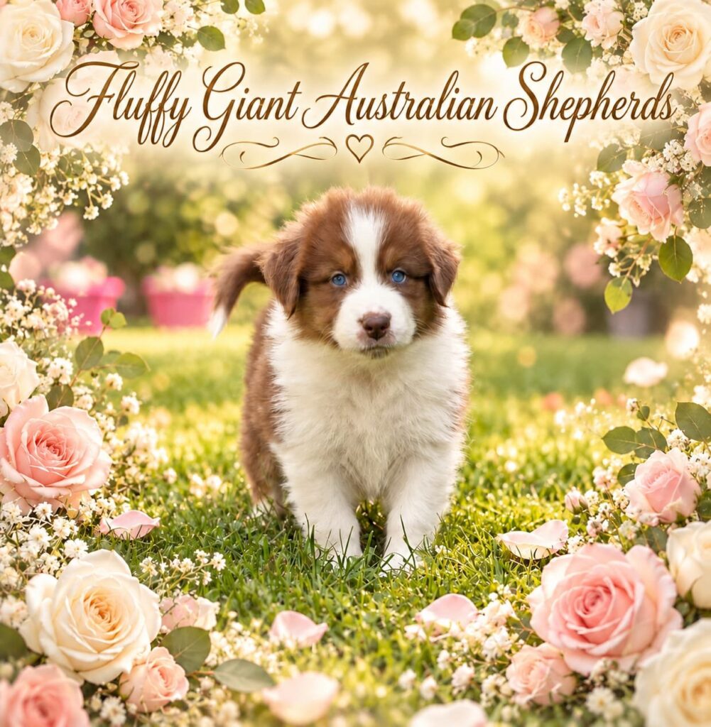 Australian Shepherd Welpe aus dem Sommer 2026-Wurf im Rosengarten, Zuchtstätte Fluffy Giant
